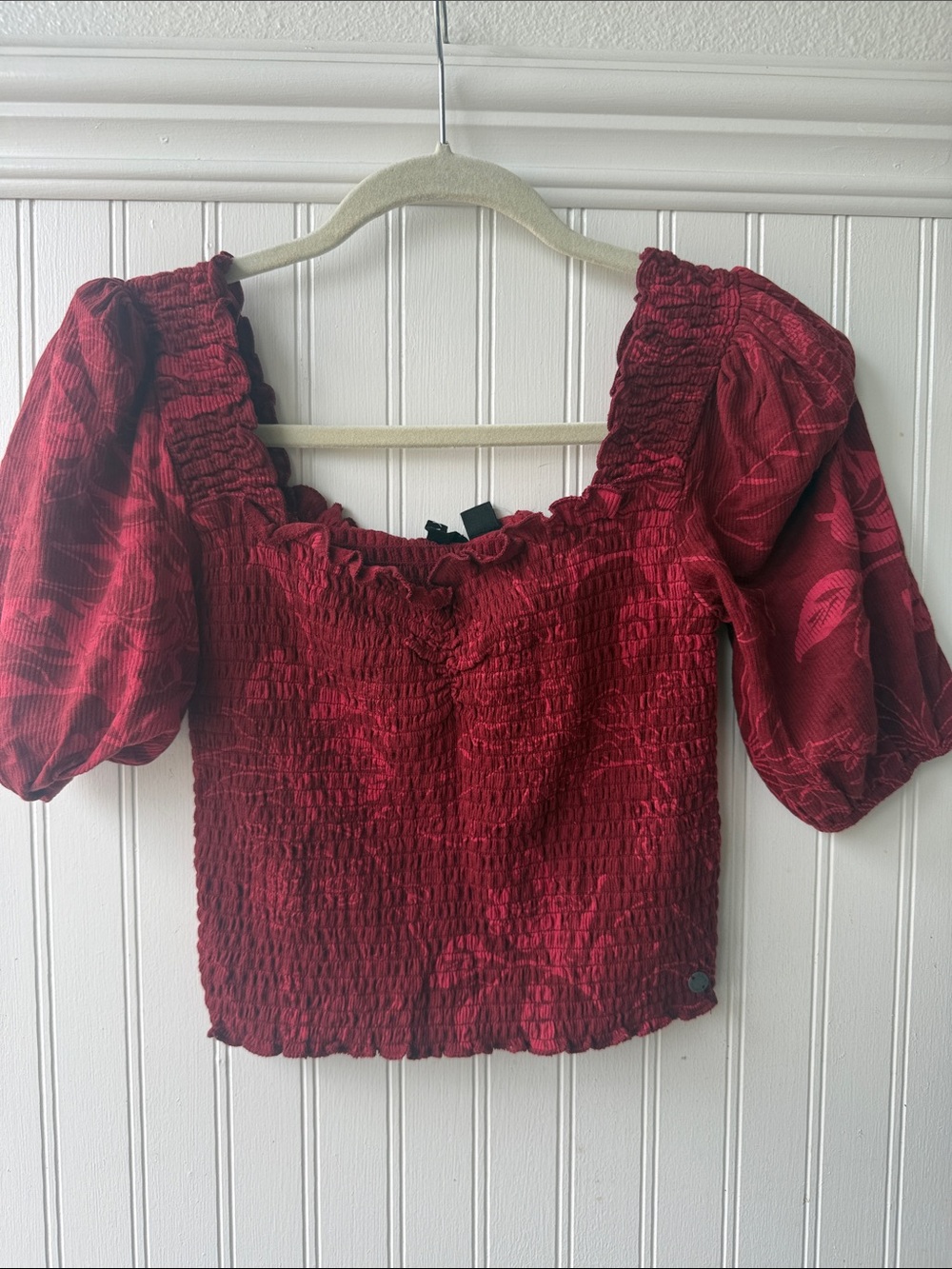 Roxy Smocked Red Puff-Sleeve Women's Top